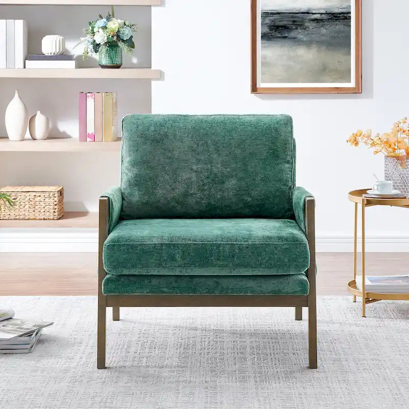Green 35.4" Velvet Accent Arm Chair with Solid Rubberwood Frame