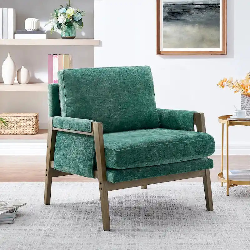 Green 35.4" Velvet Accent Arm Chair with Solid Rubberwood Frame