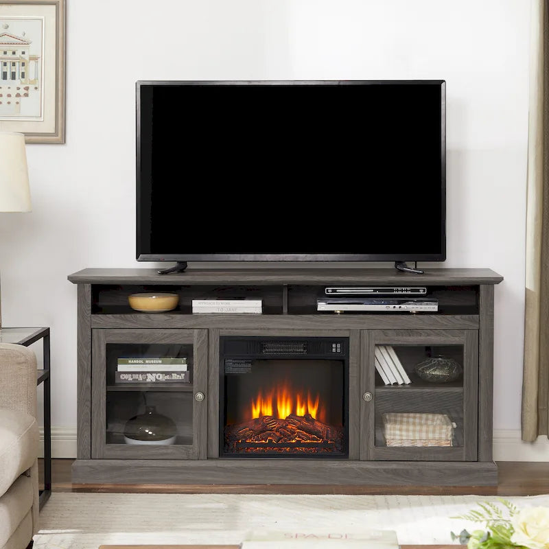 60" Fireplace TV Stand with Glass Doors & Storage for TVs Up to 65"
