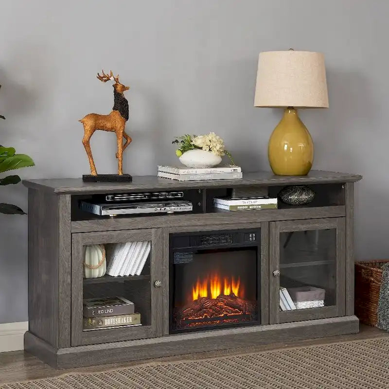60" Fireplace TV Stand with Glass Doors & Storage for TVs Up to 65"
