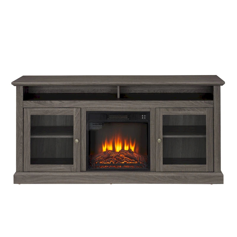 60" Fireplace TV Stand with Glass Doors & Storage for TVs Up to 65"