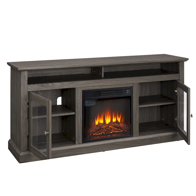 60" Fireplace TV Stand with Glass Doors & Storage for TVs Up to 65"