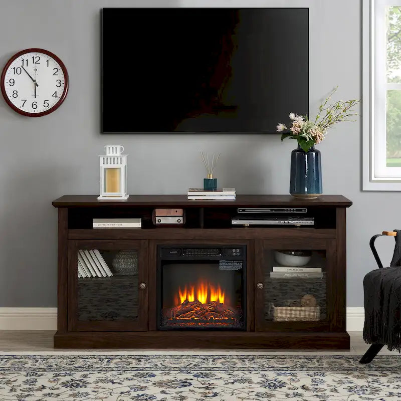 60" Fireplace TV Stand with Glass Doors & Storage for TVs Up to 65"
