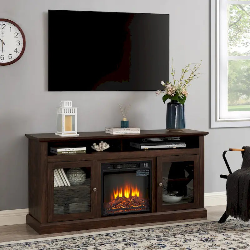60" Fireplace TV Stand with Glass Doors & Storage for TVs Up to 65"
