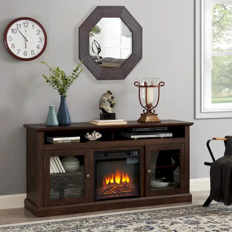 60" Fireplace TV Stand with Glass Doors & Storage for TVs Up to 65"