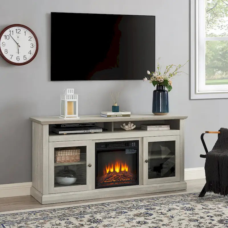 60" Fireplace TV Stand with Glass Doors & Storage for TVs Up to 65"