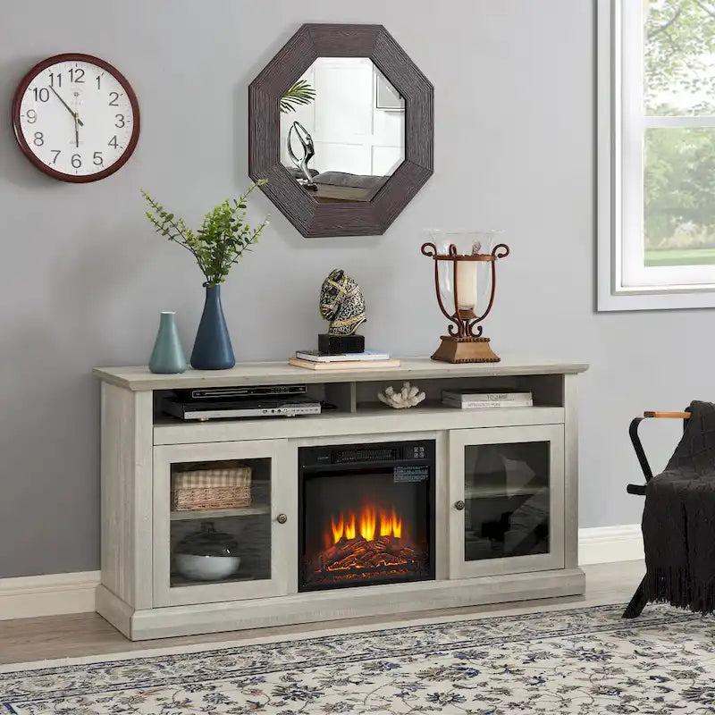 60" Fireplace TV Stand with Glass Doors & Storage for TVs Up to 65"