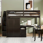Full Size Loft Bed with Stairs, Bookshelf, Drawers, Desk & Wardrobe