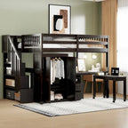 Full Size Loft Bed with Stairs, Bookshelf, Drawers, Desk & Wardrobe