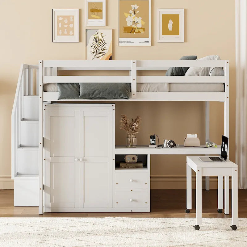 Full Size Loft Bed with Stairs, Bookshelf, Drawers, Desk & Wardrobe