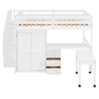 Full Size Loft Bed with Stairs, Bookshelf, Drawers, Desk & Wardrobe
