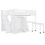Full Size Loft Bed with Stairs, Bookshelf, Drawers, Desk & Wardrobe