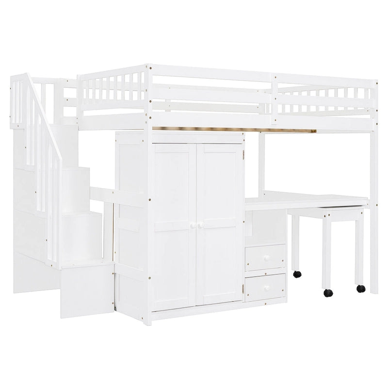 Full Size Loft Bed with Stairs, Bookshelf, Drawers, Desk & Wardrobe