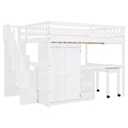 Full Size Loft Bed with Stairs, Bookshelf, Drawers, Desk & Wardrobe