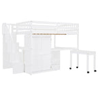 Full Size Loft Bed with Stairs, Bookshelf, Drawers, Desk & Wardrobe