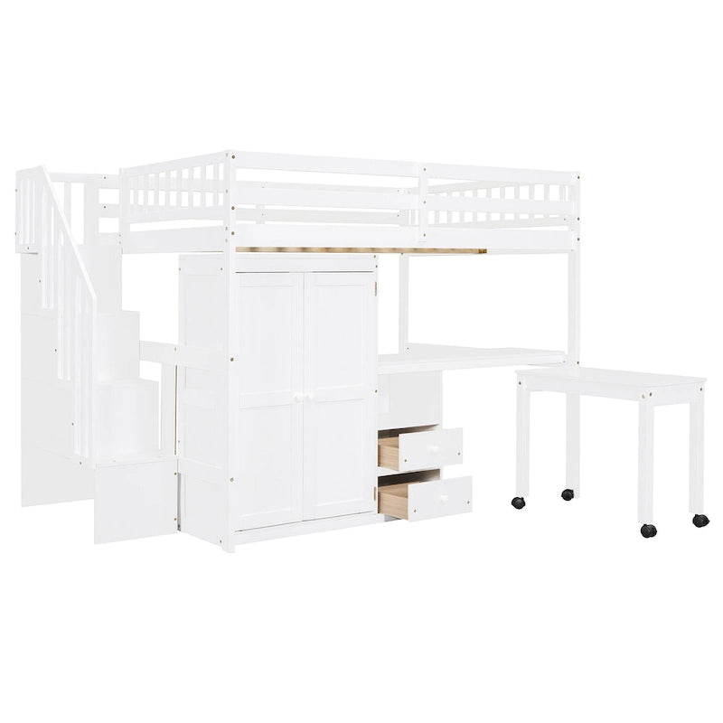 Full Size Loft Bed with Stairs, Bookshelf, Drawers, Desk & Wardrobe