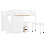 Full Size Loft Bed with Stairs, Bookshelf, Drawers, Desk & Wardrobe
