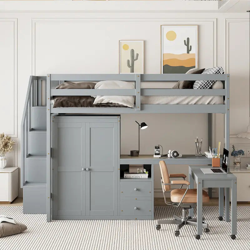Full Size Loft Bed with Stairs, Bookshelf, Drawers, Desk & Wardrobe