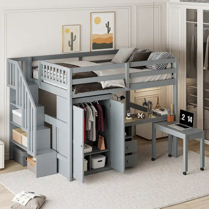 Full Size Loft Bed with Stairs, Bookshelf, Drawers, Desk & Wardrobe