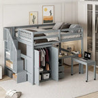 Full Size Loft Bed with Stairs, Bookshelf, Drawers, Desk & Wardrobe
