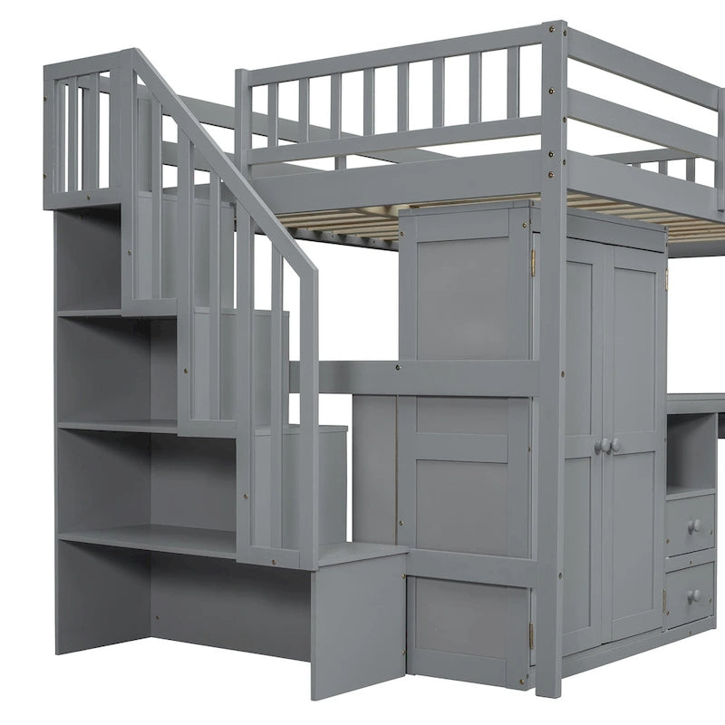 Full Size Loft Bed with Stairs, Bookshelf, Drawers, Desk & Wardrobe