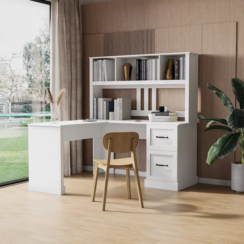 Modern Computer Desk with 2 Tier Storage and Large Drawers and Waterproof Surface for Home Office and Study or Living Room