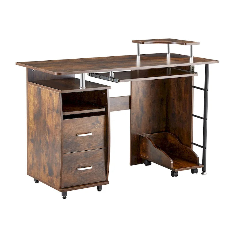 47" Traditional Curved Computer Desk with Keyboard Tray, Drawers & Storage Shelves