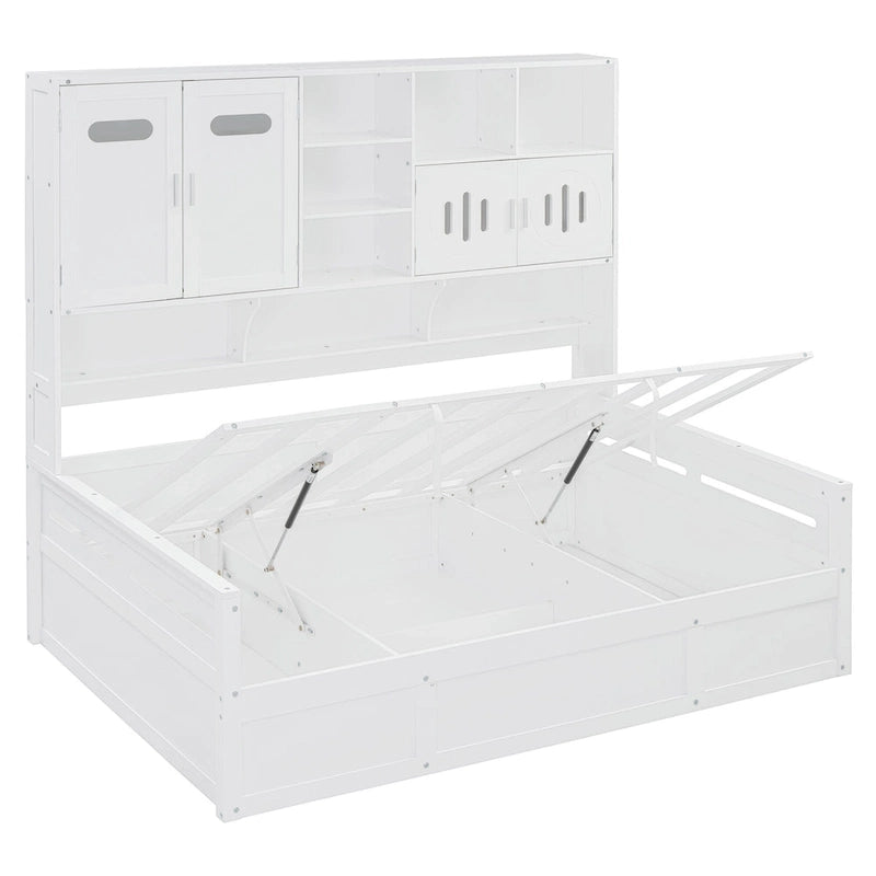 Full Size Wooden Daybed with Hydraulic Lift, All-in-One Cabinet & Shelf, White