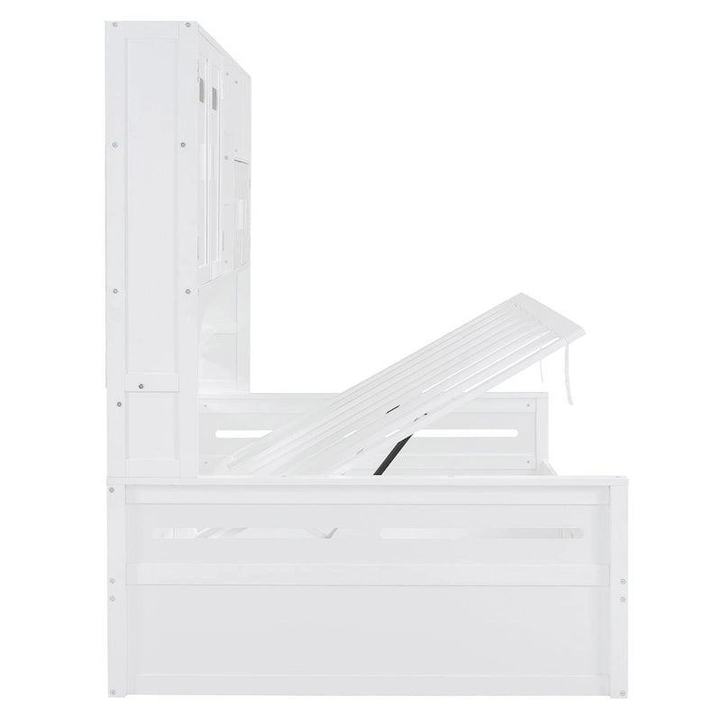 Full Size Wooden Daybed with Hydraulic Lift, All-in-One Cabinet & Shelf, White