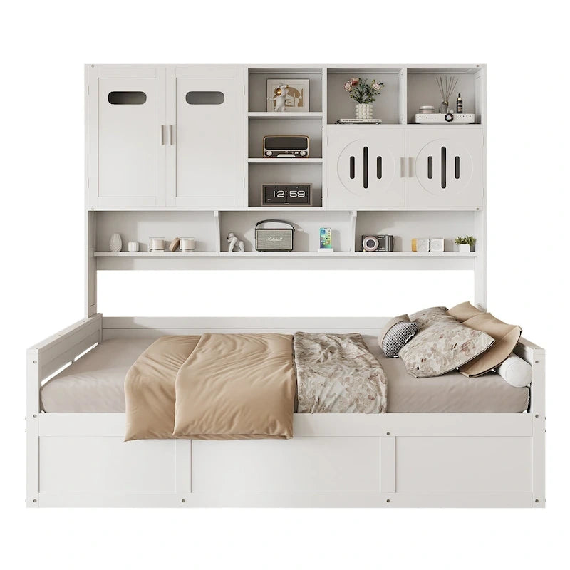 Full Size Wooden Daybed with Hydraulic Lift, All-in-One Cabinet & Shelf, White