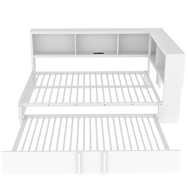 Metal Frame Daybed Full Size Sofa Bed with L-shape Storage Bookcase Guardrail, USB Ports and Trundle Bed, Low Profile Bed