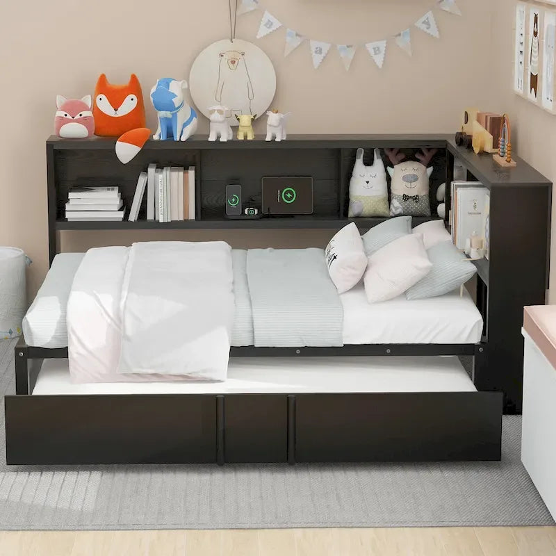 Metal Frame Daybed Full Size Sofa Bed with L-shape Storage Bookcase Guardrail, USB Ports and Trundle Bed, Low Profile Bed