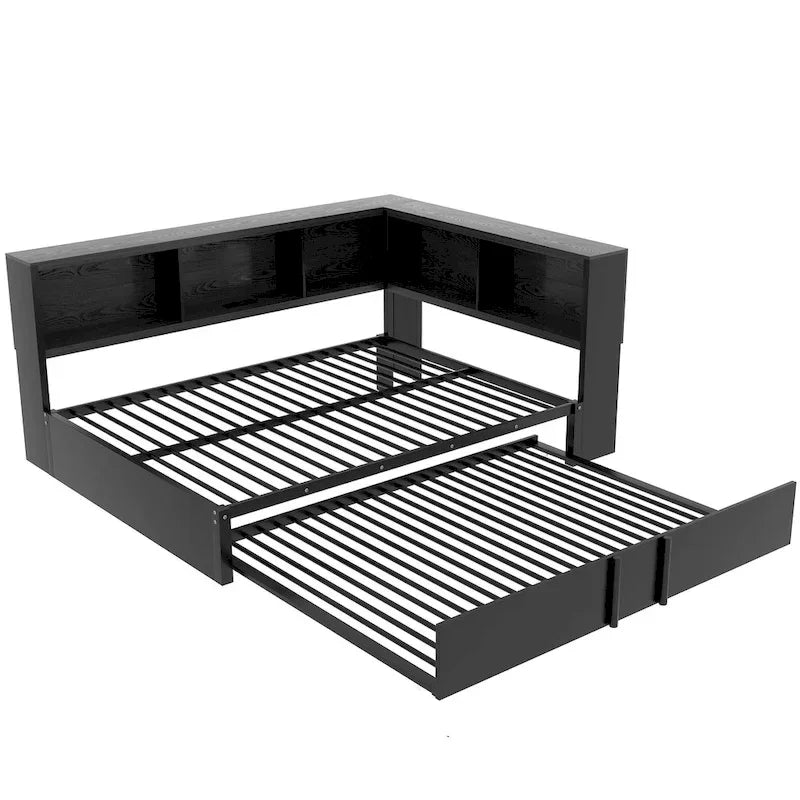 Metal Frame Daybed Full Size Sofa Bed with L-shape Storage Bookcase Guardrail, USB Ports and Trundle Bed, Low Profile Bed