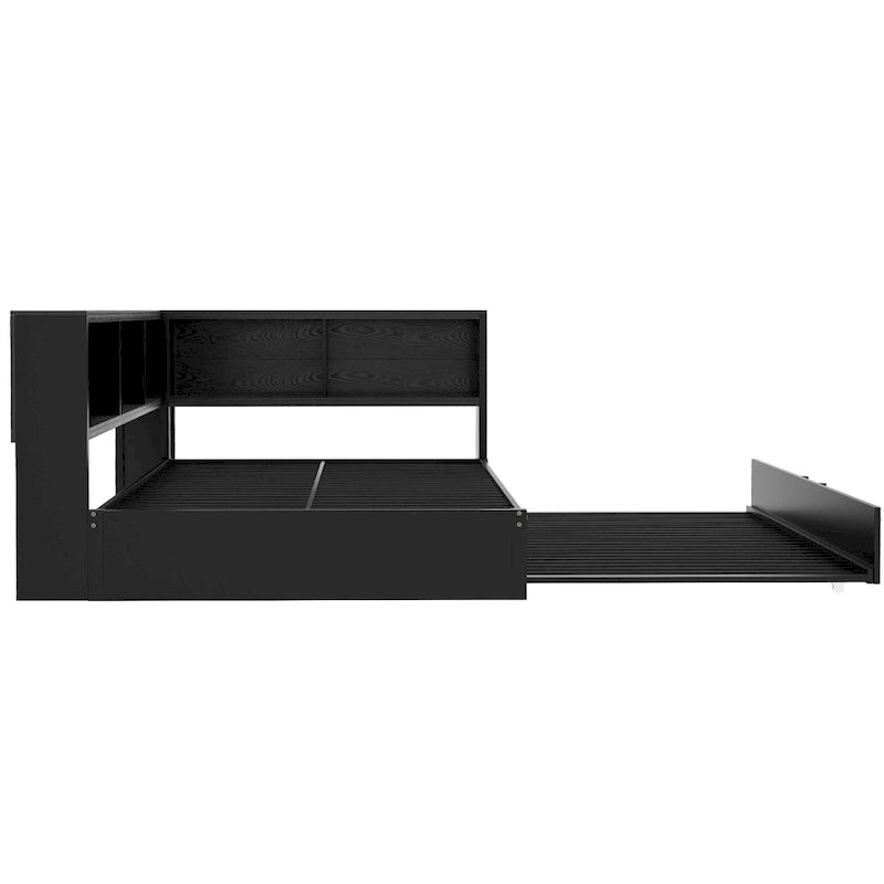 Metal Frame Daybed Full Size Sofa Bed with L-shape Storage Bookcase Guardrail, USB Ports and Trundle Bed, Low Profile Bed