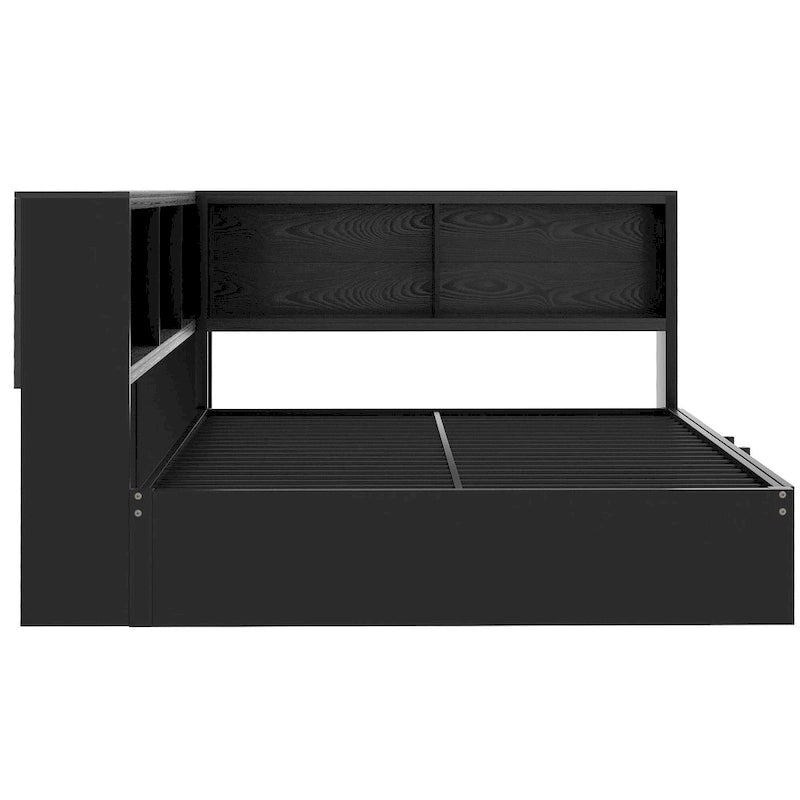 Metal Frame Daybed Full Size Sofa Bed with L-shape Storage Bookcase Guardrail, USB Ports and Trundle Bed, Low Profile Bed