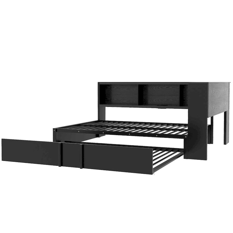 Metal Frame Daybed Full Size Sofa Bed with L-shape Storage Bookcase Guardrail, USB Ports and Trundle Bed, Low Profile Bed
