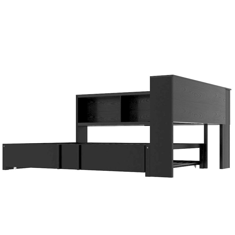 Metal Frame Daybed Full Size Sofa Bed with L-shape Storage Bookcase Guardrail, USB Ports and Trundle Bed, Low Profile Bed