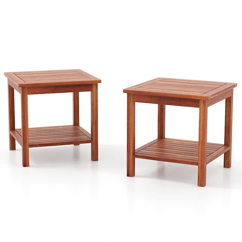2-Piece Natural Acacia Wood 2-Tier Outdoor Side Table Set - 18x18x18"