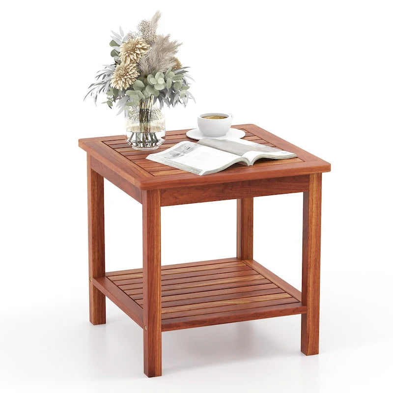 2-Piece Natural Acacia Wood 2-Tier Outdoor Side Table Set - 18x18x18"
