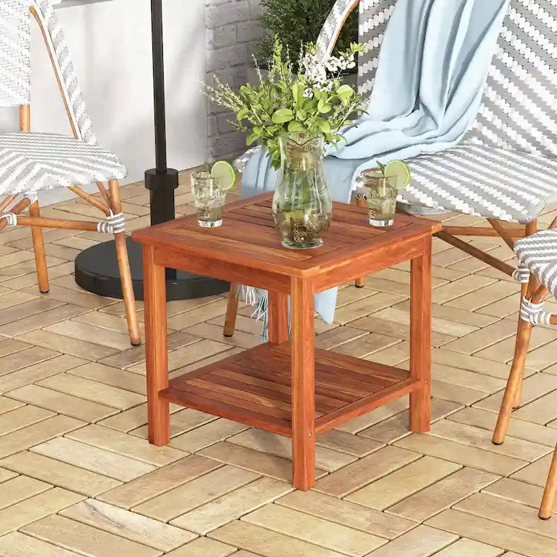 2-Piece Natural Acacia Wood 2-Tier Outdoor Side Table Set - 18x18x18"