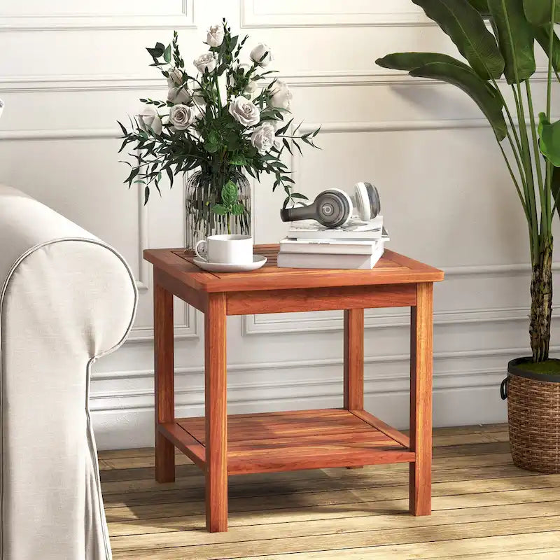 2-Piece Natural Acacia Wood 2-Tier Outdoor Side Table Set - 18x18x18"