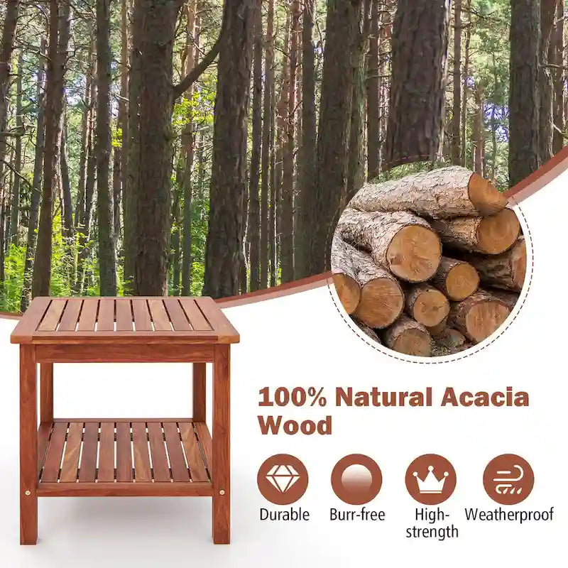 2-Piece Natural Acacia Wood 2-Tier Outdoor Side Table Set - 18x18x18"