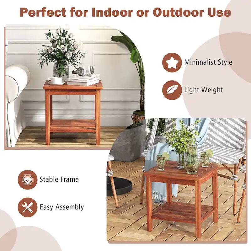 2-Piece Natural Acacia Wood 2-Tier Outdoor Side Table Set - 18x18x18"