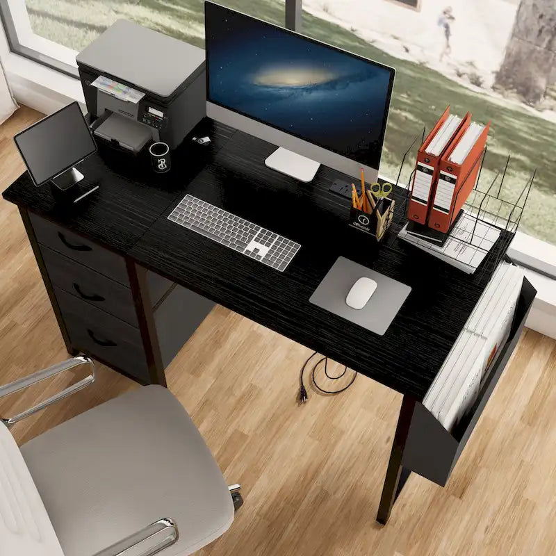 47 Office Desk, Modern Reversible Study Writing Desk Workstation With Hutch, 3 Drawers, Power Outlets And Side Pockets
