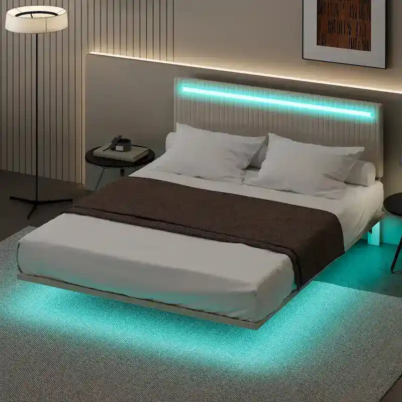 Floating Velvet Platform Bed with RGB LED Lights & Adjustable Wingback Headboard