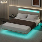 Floating Velvet Platform Bed with RGB LED Lights & Adjustable Wingback Headboard