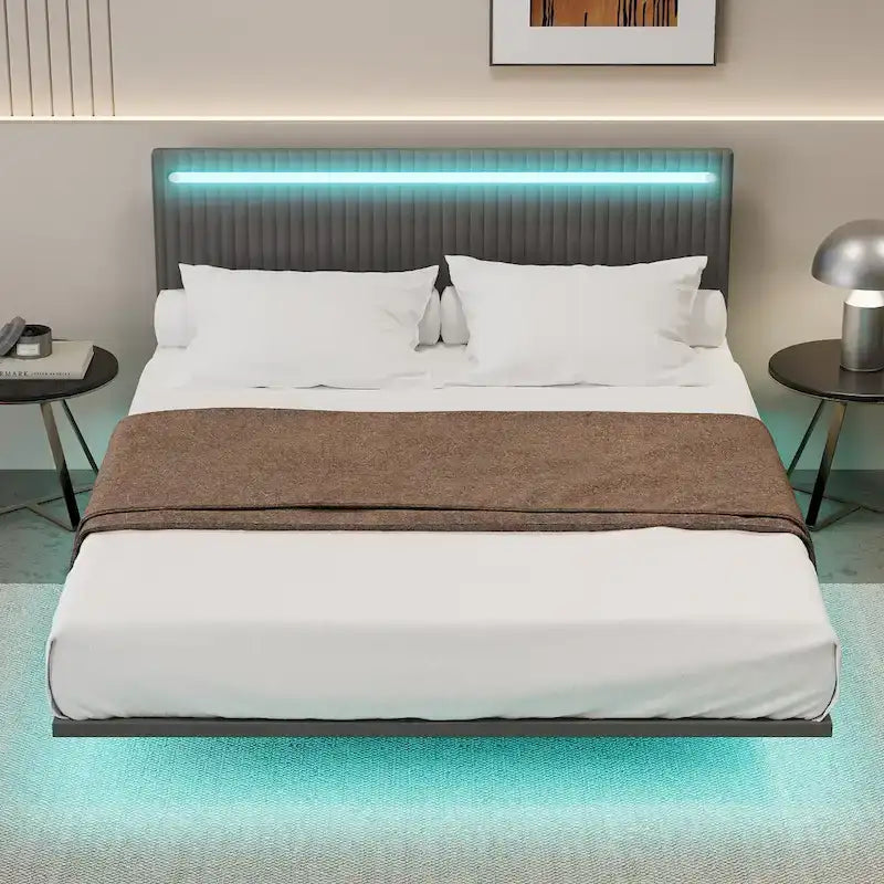 Floating Velvet Platform Bed with RGB LED Lights & Adjustable Wingback Headboard