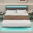 Floating Velvet Platform Bed with RGB LED Lights & Adjustable Wingback Headboard