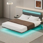 Floating Velvet Platform Bed with RGB LED Lights & Adjustable Wingback Headboard