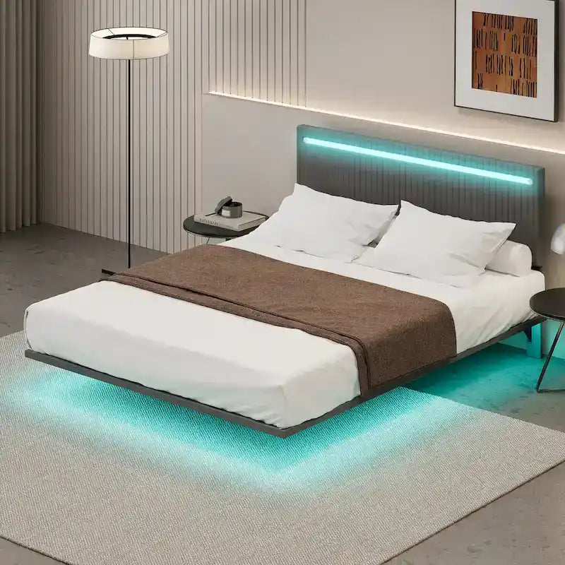 Floating Velvet Platform Bed with RGB LED Lights & Adjustable Wingback Headboard